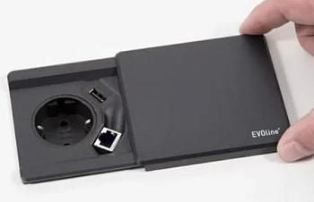 Фото товара: EVOLINE Square80, блок розеток с Qi-зарядкой,1 эл. розетка, 1 разъем RJ45, 1 USB зарядка, черный